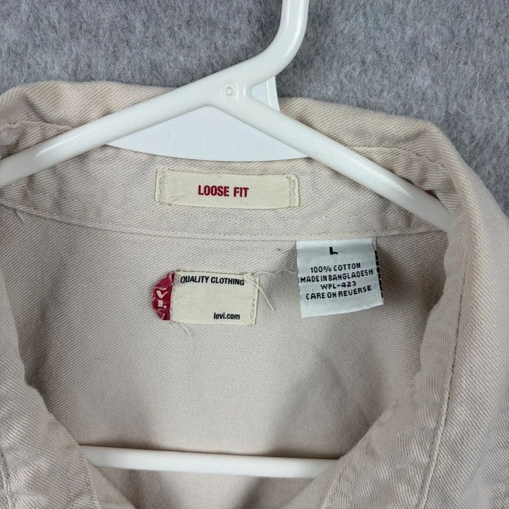 Vintage Levis Shirt Mens Large Beige Twill Metal Button Up Loose Fit Long Sleeve